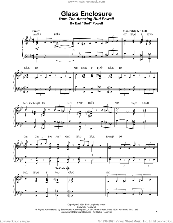 Glass Enclosure sheet music for piano solo (transcription) by Bud Powell, intermediate piano (transcription)