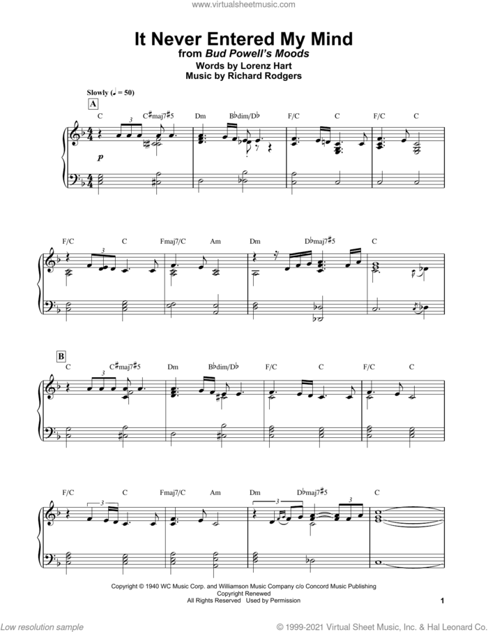 It Never Entered My Mind sheet music for piano solo (transcription) by Bud Powell, Lorenz Hart and Richard Rodgers, intermediate piano (transcription)