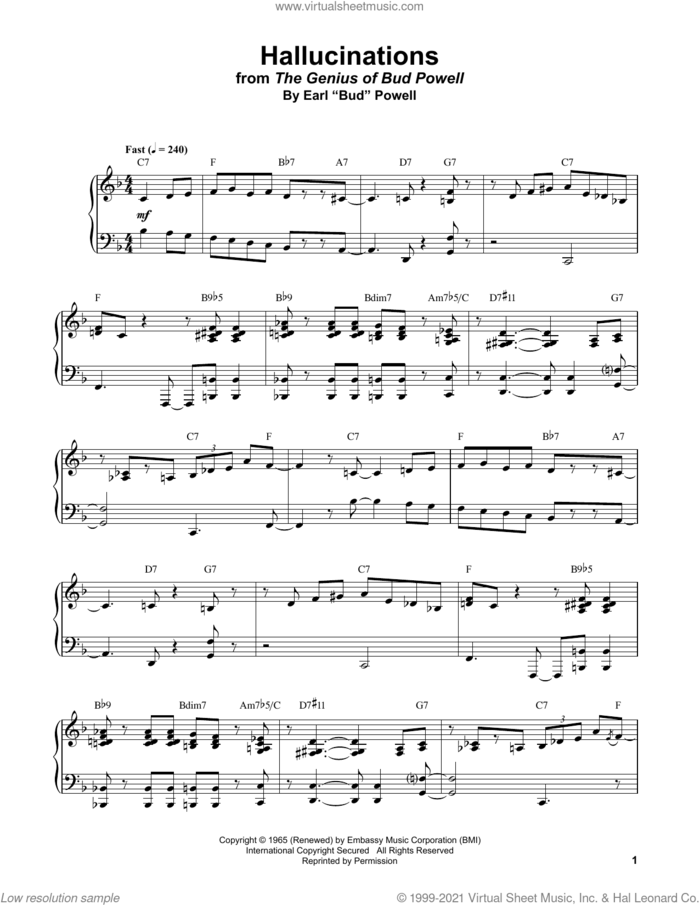 Hallucinations sheet music for piano solo (transcription) by Bud Powell, intermediate piano (transcription)