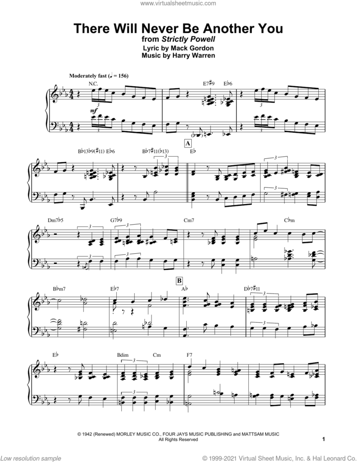 There Will Never Be Another You sheet music for piano solo (transcription) by Bud Powell, Harry Warren and Mack Gordon, intermediate piano (transcription)
