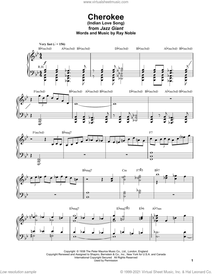Cherokee (Indian Love Song) sheet music for piano solo (transcription) by Bud Powell, Benny Goodman Sextet, Charlie Barnet & his Orchestra and Ray Noble And His Orchestra and Ray Noble, intermediate piano (transcription)