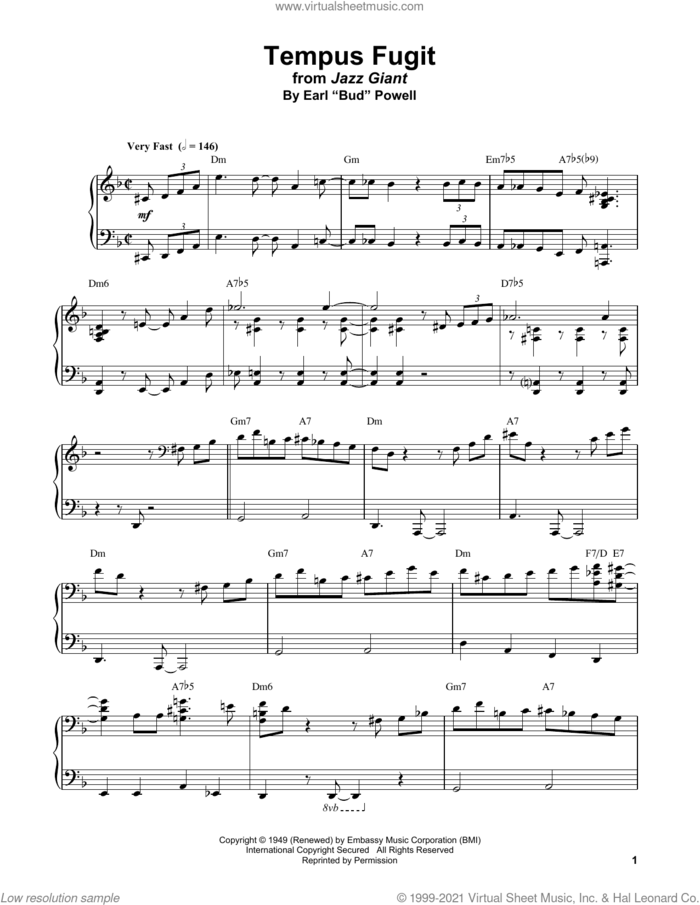 Tempus Fugit sheet music for piano solo (transcription) by Bud Powell and Stan Getz, intermediate piano (transcription)