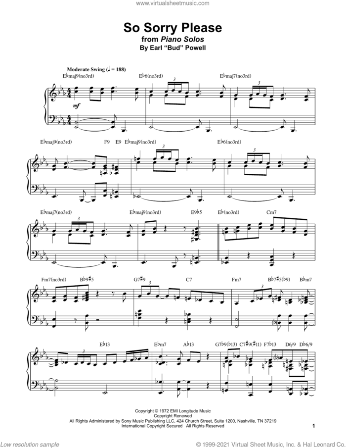 So Sorry Please sheet music for piano solo (transcription) by Bud Powell, intermediate piano (transcription)