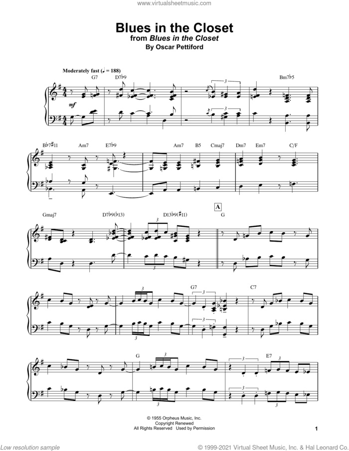Blues In The Closet sheet music for piano solo (transcription) by Bud Powell and Oscar Pettiford, intermediate piano (transcription)