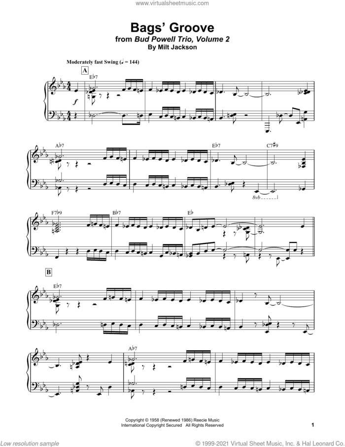Bags' Groove sheet music for piano solo (transcription) by Bud Powell and Milt Jackson, intermediate piano (transcription)