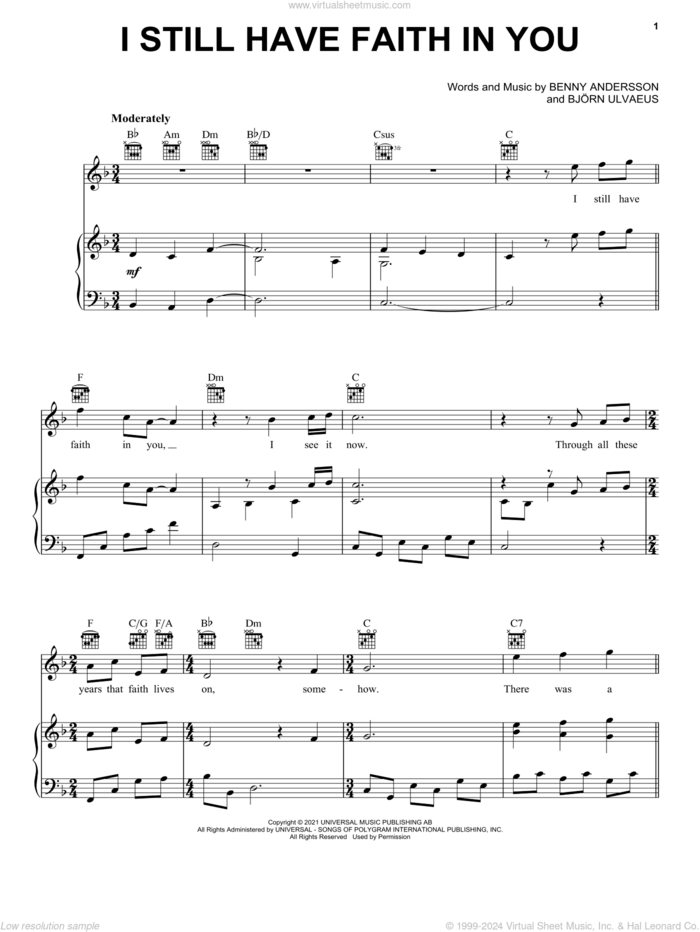 I Still Have Faith In You sheet music for voice, piano or guitar by ABBA, Benny Andersson and Bjorn Ulvaeus, intermediate skill level