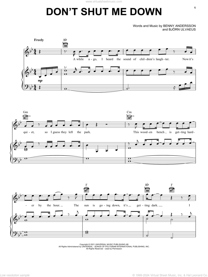 Don't Shut Me Down sheet music for voice, piano or guitar by ABBA, Benny Andersson and Bjorn Ulvaeus, intermediate skill level