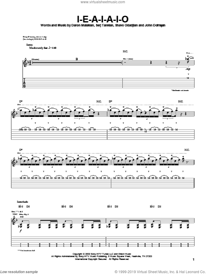 I-E-A-I-A-I-O sheet music for guitar (tablature) by System Of A Down, Daron Malakian, Serj Tankian and Shavo Odadjian, intermediate skill level