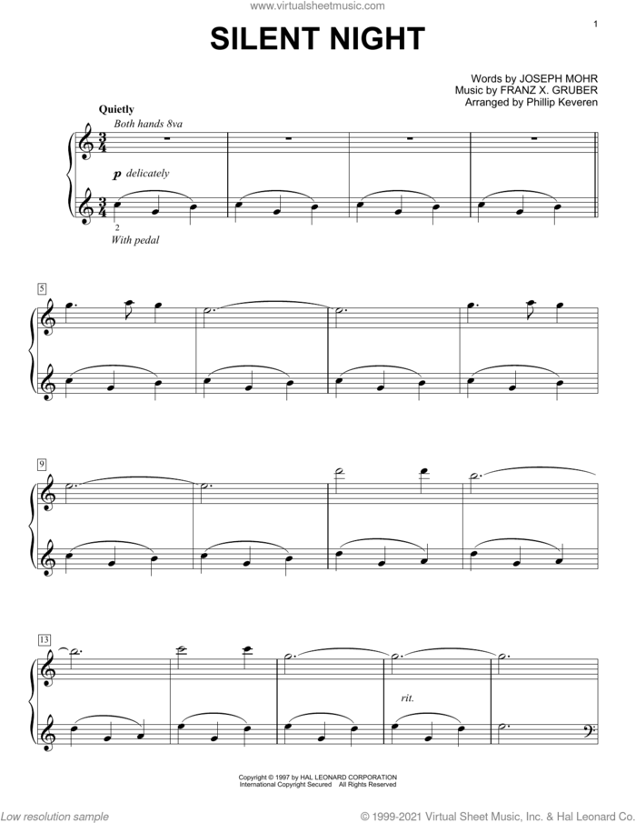Silent Night (arr. Phillip Keveren) sheet music for voice and other instruments (E-Z Play) by Franz X. Grüber, Phillip Keveren, John F. Young and Joseph Mohr, easy skill level