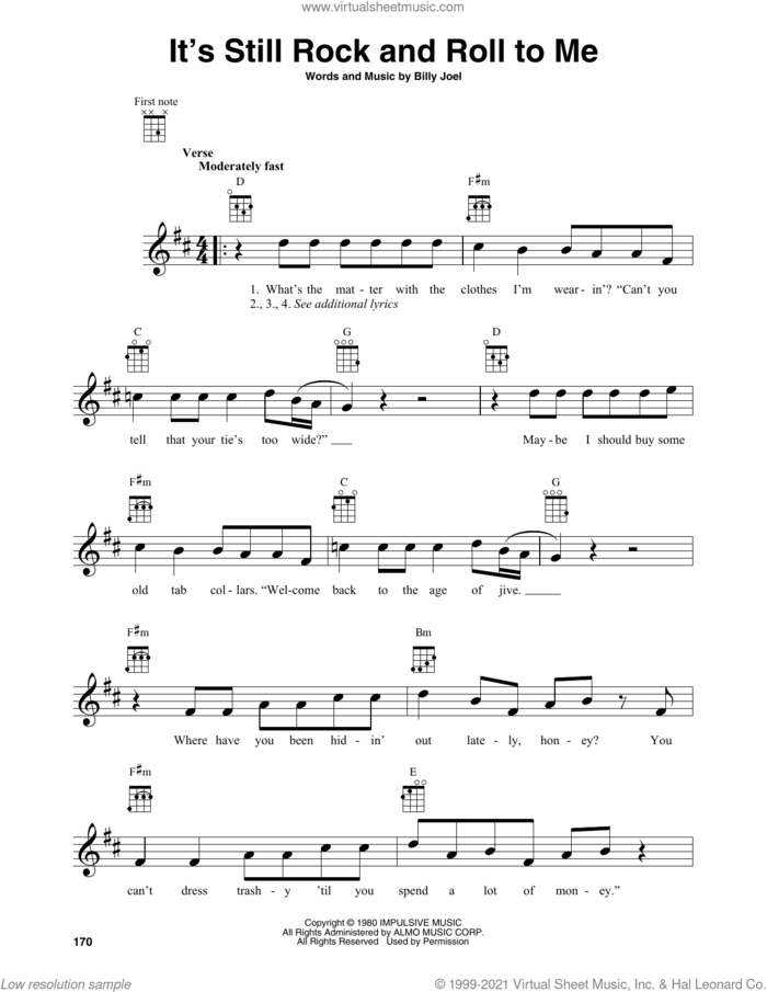 It's Still Rock And Roll To Me sheet music for baritone ukulele solo by Billy Joel, intermediate skill level