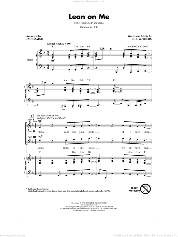 Lean On Me (arr. Jack Zaino) sheet music for choir (3-Part Mixed) by Bill Withers and Jack Zaino, intermediate skill level