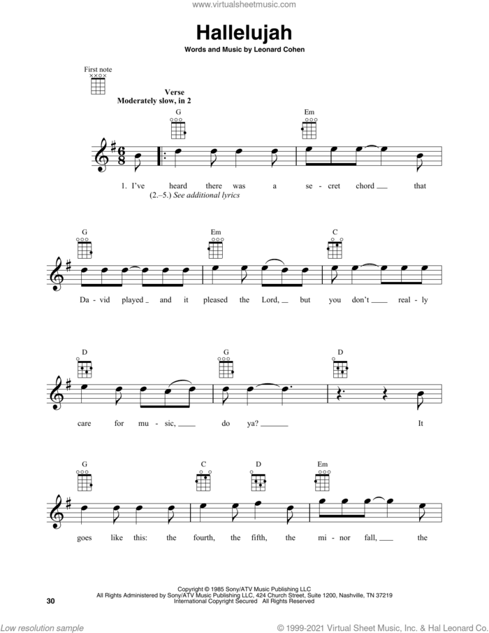 Hallelujah sheet music for baritone ukulele solo by Leonard Cohen, intermediate skill level