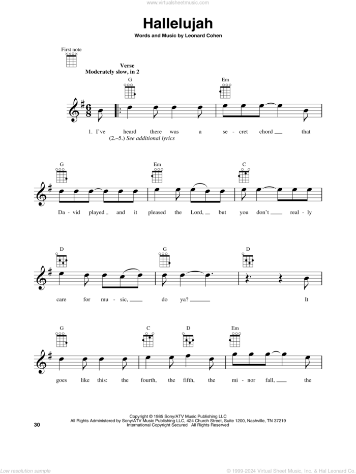 Hallelujah sheet music for baritone ukulele solo by Leonard Cohen, intermediate skill level