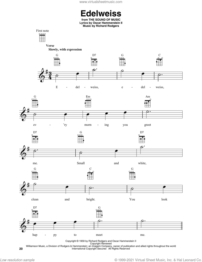 Edelweiss (from The Sound Of Music) sheet music for baritone ukulele solo by Richard Rodgers, Oscar II Hammerstein and Rodgers & Hammerstein, intermediate skill level