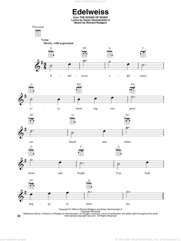 Edelweiss (from The Sound Of Music) sheet music for baritone ukulele solo by Richard Rodgers, Oscar II Hammerstein and Rodgers & Hammerstein, intermediate skill level