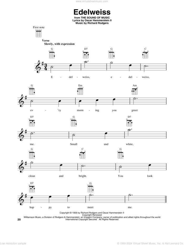 Edelweiss (from The Sound Of Music) sheet music for baritone ukulele solo by Richard Rodgers, Oscar II Hammerstein and Rodgers & Hammerstein, intermediate skill level