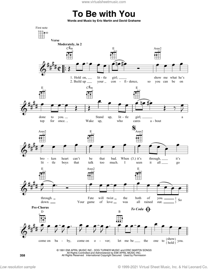 To Be With You sheet music for baritone ukulele solo by Mr. Big, David Grahame and Eric Martin, intermediate skill level