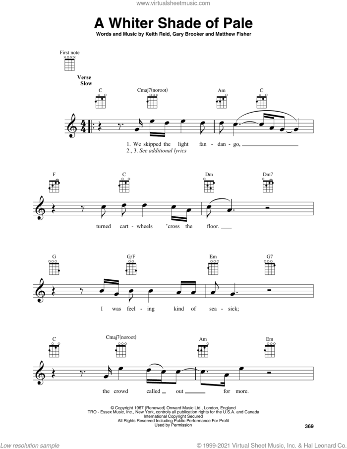 A Whiter Shade Of Pale sheet music for baritone ukulele solo by Procol Harum, Gary Brooker, Keith Reid and Matthew Fisher, intermediate skill level