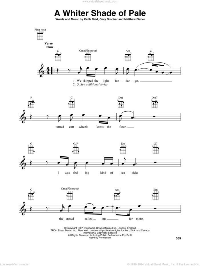 A Whiter Shade Of Pale sheet music for baritone ukulele solo by Procol Harum, Gary Brooker, Keith Reid and Matthew Fisher, wedding score, intermediate skill level