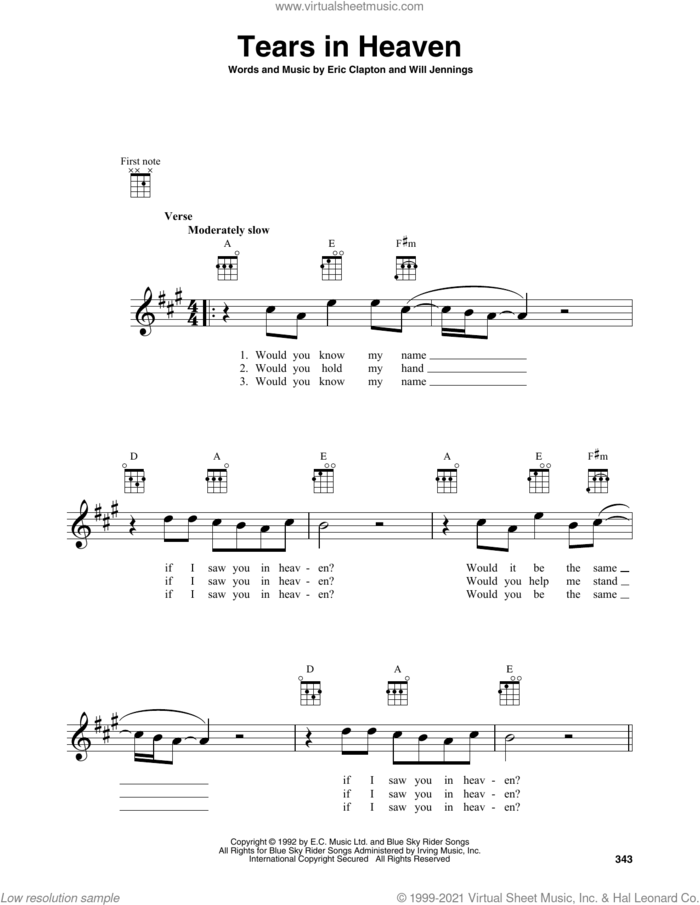 Tears In Heaven sheet music for baritone ukulele solo by Eric Clapton and Will Jennings, intermediate skill level