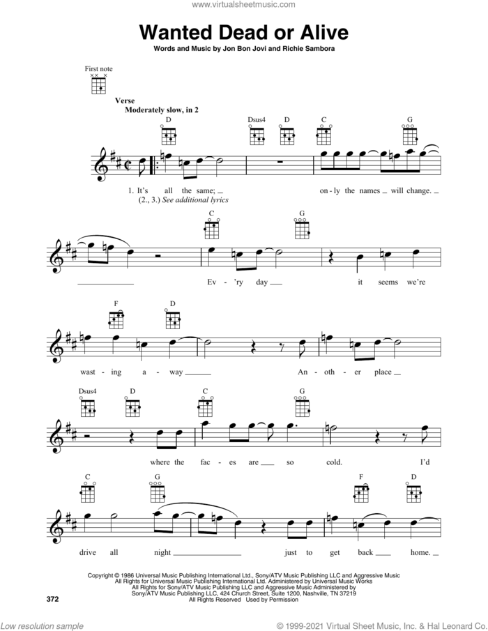 Wanted Dead Or Alive sheet music for baritone ukulele solo by Bon Jovi and Richie Sambora, intermediate skill level