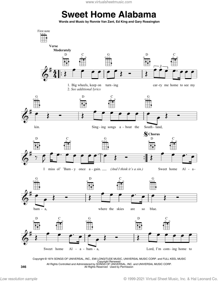 Sweet Home Alabama sheet music for baritone ukulele solo by Lynyrd Skynyrd, Edward King, Gary Rossington and Ronnie Van Zant, intermediate skill level