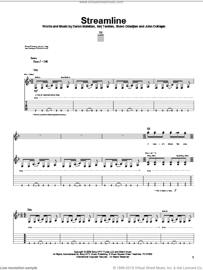 Streamline sheet music for guitar (tablature) by System Of A Down, Daron Malakian, Serj Tankian and Shavo Odadjian, intermediate skill level