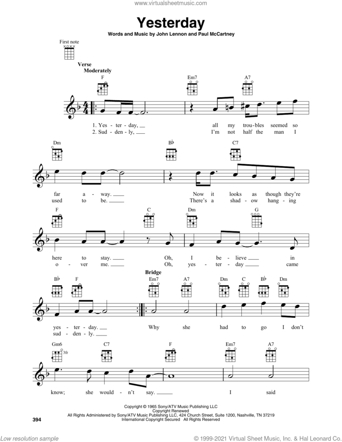 Yesterday sheet music for baritone ukulele solo by The Beatles, John Lennon and Paul McCartney, intermediate skill level