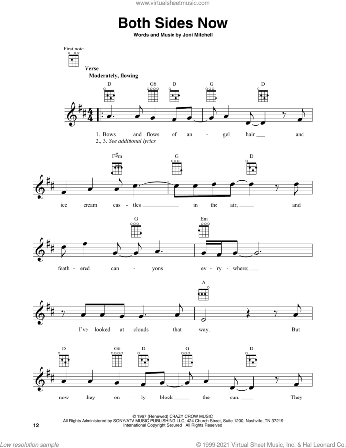 Both Sides Now sheet music for baritone ukulele solo by Joni Mitchell, intermediate skill level