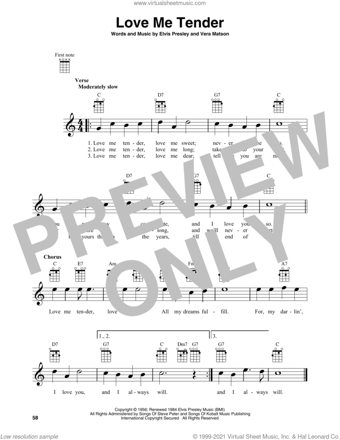 Love Me Tender sheet music for baritone ukulele solo by Elvis Presley and Vera Matson, intermediate skill level