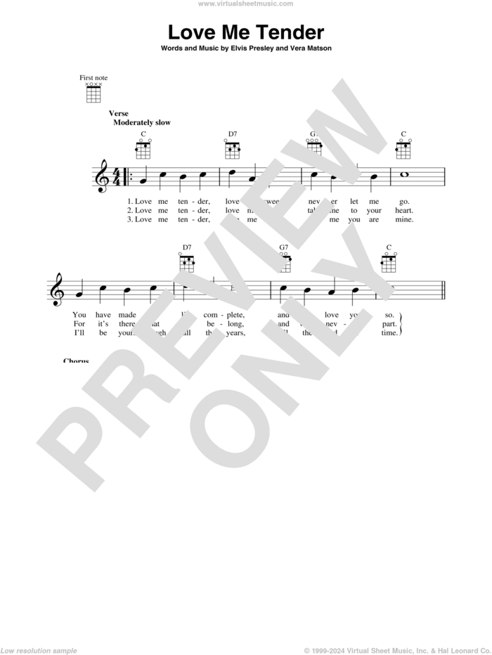 Love Me Tender sheet music for baritone ukulele solo by Elvis Presley and Vera Matson, wedding score, intermediate skill level