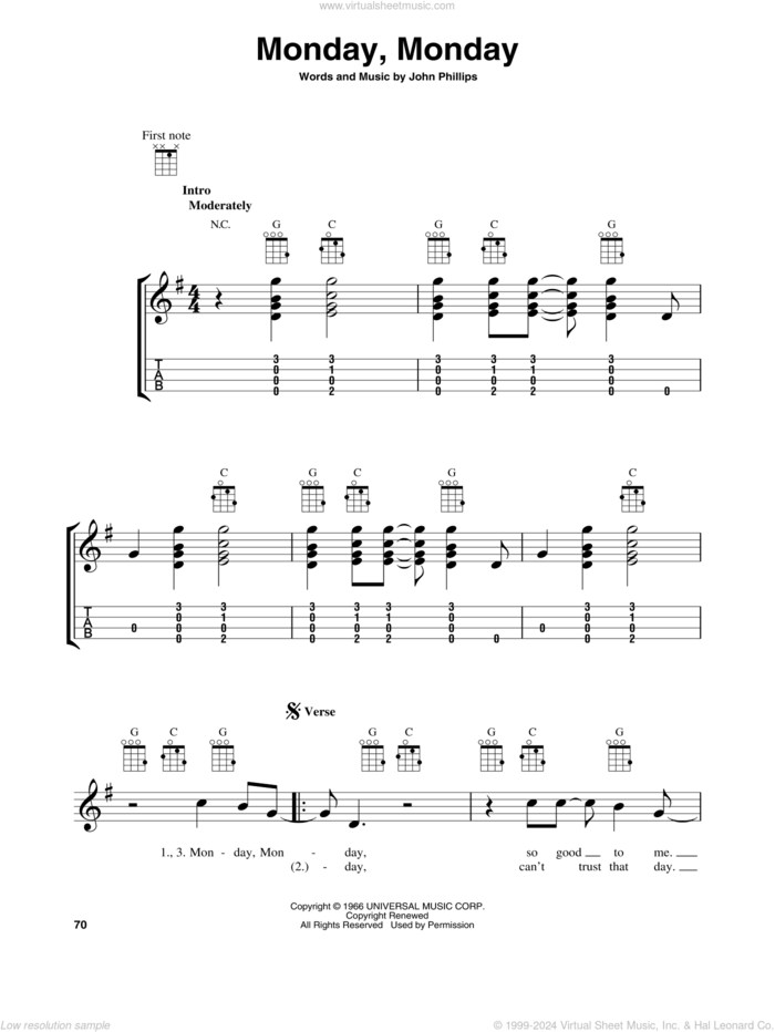 Monday, Monday sheet music for baritone ukulele solo by The Mamas & The Papas and John Phillips, intermediate skill level