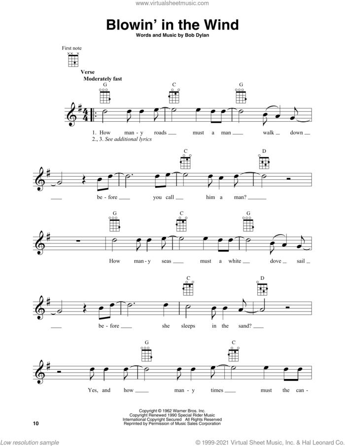 Blowin' In The Wind sheet music for baritone ukulele solo by Bob Dylan, intermediate skill level