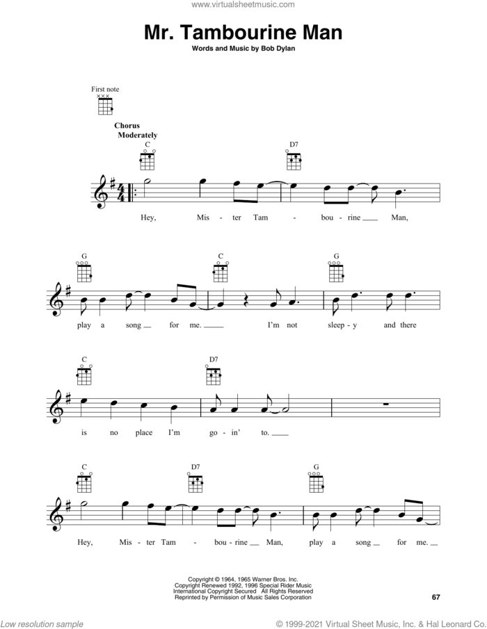 Mr. Tambourine Man sheet music for baritone ukulele solo by Bob Dylan, intermediate skill level