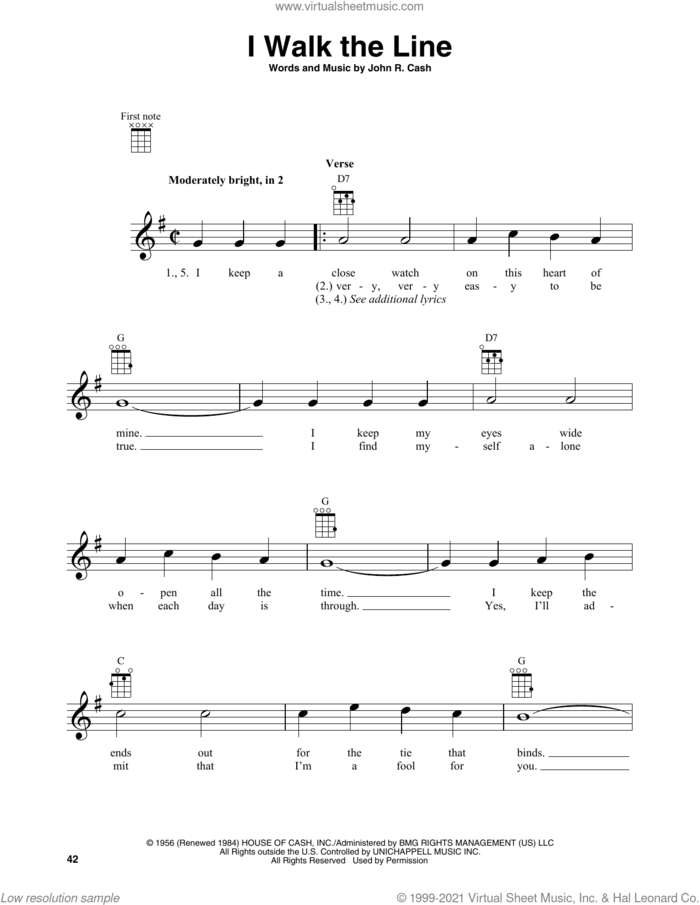 I Walk The Line sheet music for baritone ukulele solo by Johnny Cash, intermediate skill level