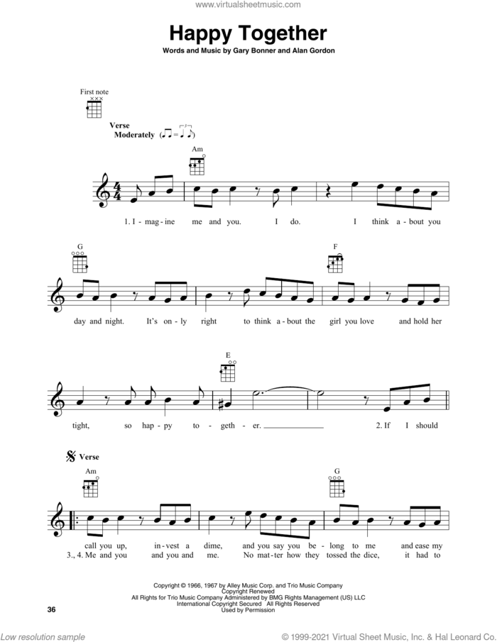 Happy Together sheet music for baritone ukulele solo by The Turtles, Alan Gordon and Garry Bonner, intermediate skill level
