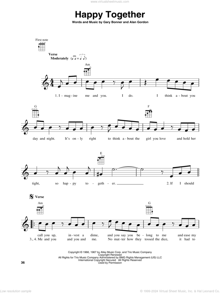 Happy Together sheet music for baritone ukulele solo by The Turtles, Alan Gordon and Garry Bonner, intermediate skill level