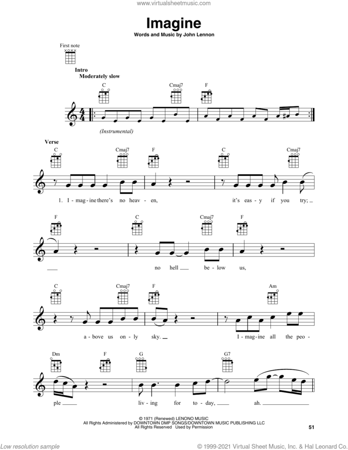 Imagine sheet music for baritone ukulele solo by John Lennon, intermediate skill level