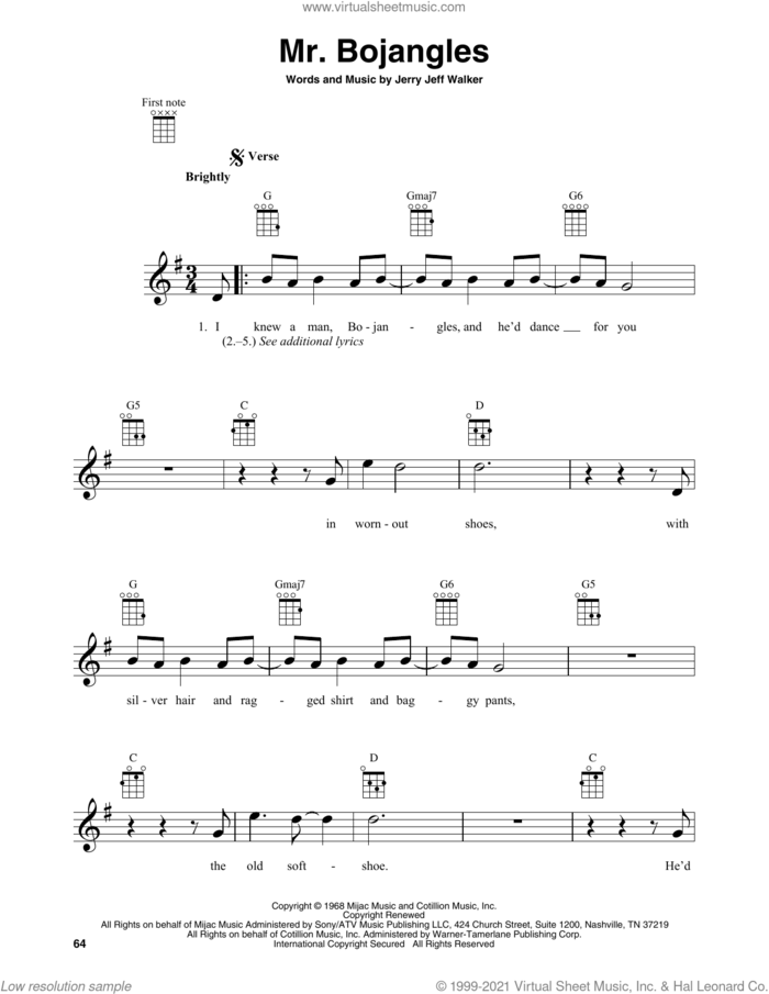 Mr. Bojangles sheet music for baritone ukulele solo by Jerry Jeff Walker and Sammy Davis, Jr., intermediate skill level