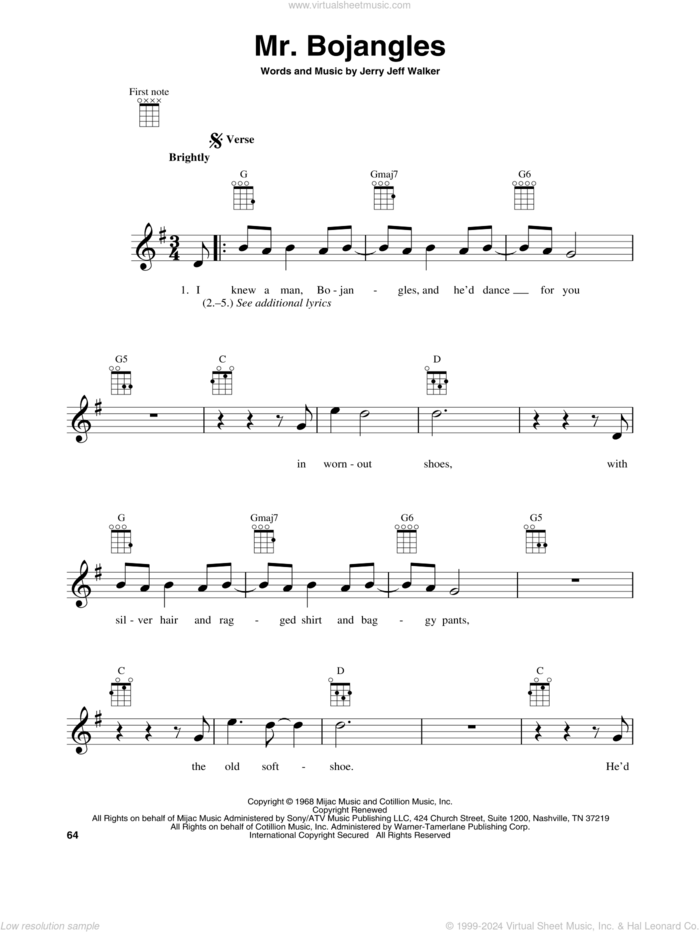 Mr. Bojangles sheet music for baritone ukulele solo by Jerry Jeff Walker and Sammy Davis, Jr., intermediate skill level