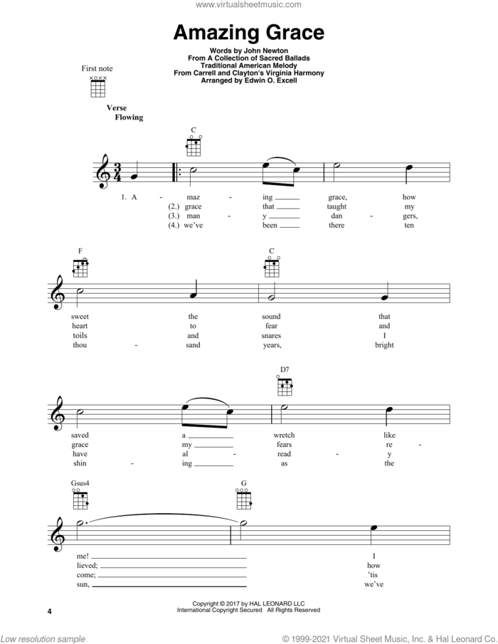 Amazing Grace sheet music for baritone ukulele solo by John Newton and Miscellaneous, wedding score, intermediate skill level