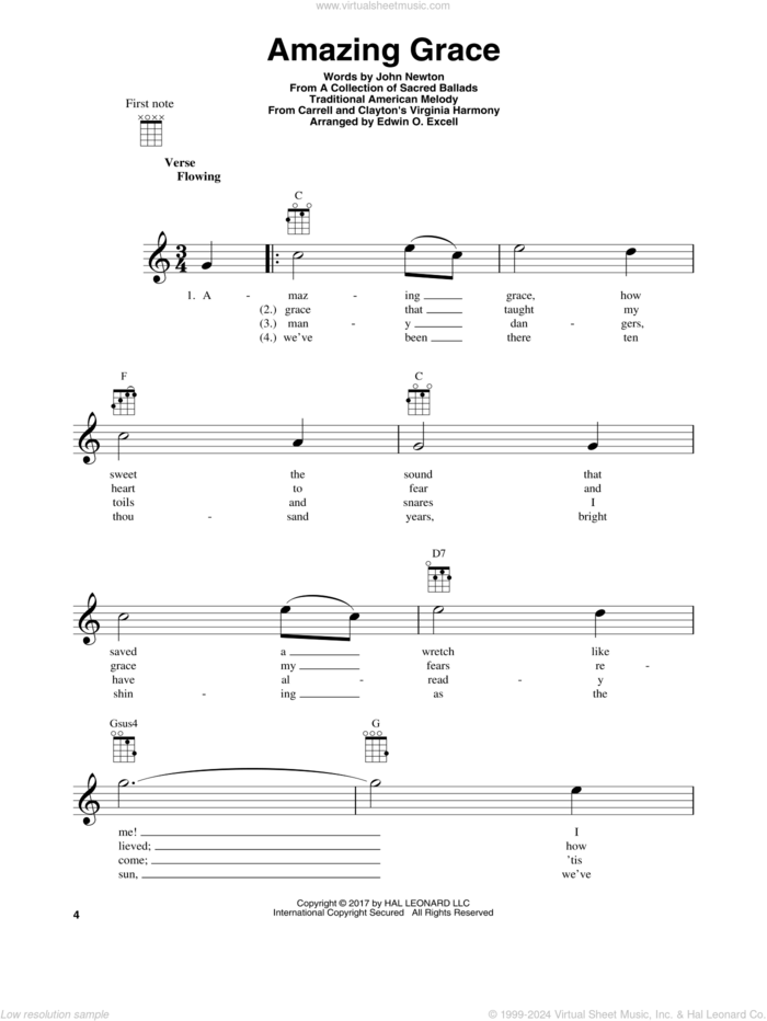 Amazing Grace sheet music for baritone ukulele solo by John Newton and Miscellaneous, wedding score, intermediate skill level