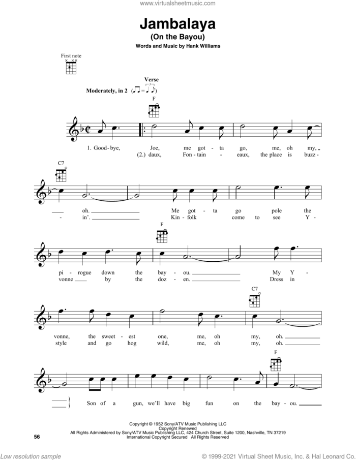 Jambalaya (On The Bayou) sheet music for baritone ukulele solo by Hank Williams, intermediate skill level