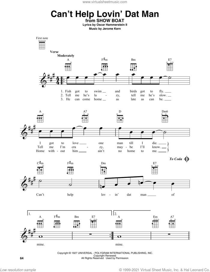Can't Help Lovin' Dat Man (from Show Boat) sheet music for baritone ukulele solo by Oscar II Hammerstein and Jerome Kern, intermediate skill level