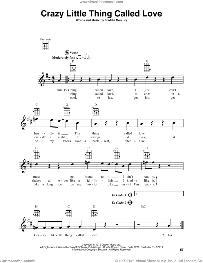 Crazy Little Thing Called Love sheet music for baritone ukulele solo by Queen and Freddie Mercury, intermediate skill level