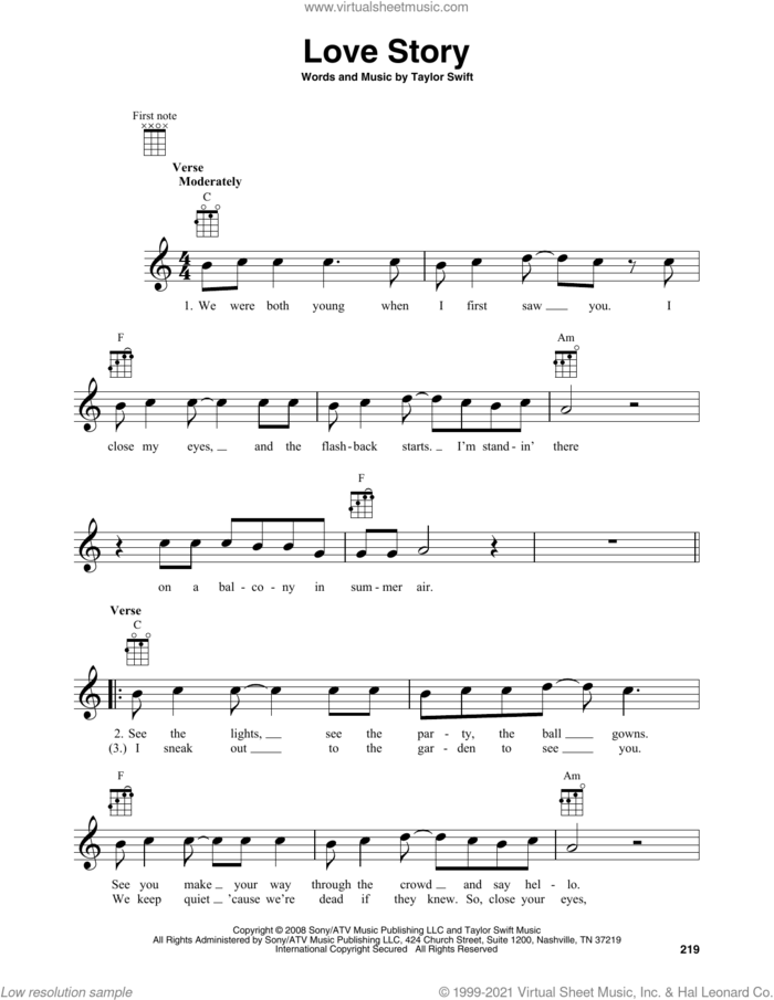 Love Story sheet music for baritone ukulele solo by Taylor Swift, intermediate skill level