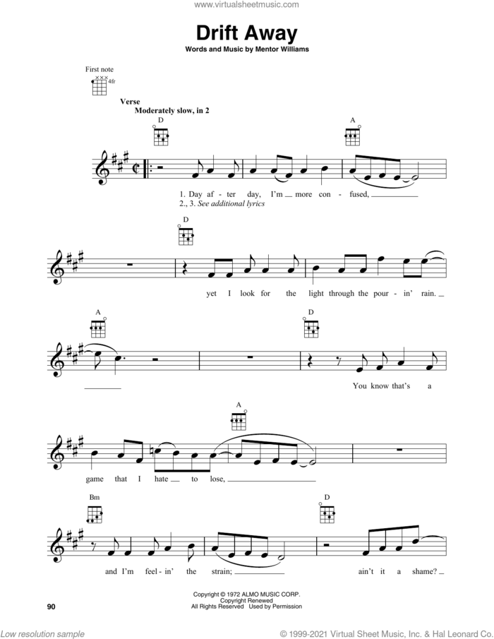 Drift Away sheet music for baritone ukulele solo by Dobie Gray, Uncle Kracker featuring Dobie Gray and Mentor Williams, intermediate skill level