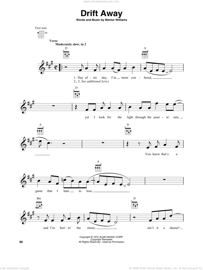 Drift Away sheet music for baritone ukulele solo by Dobie Gray, Uncle Kracker featuring Dobie Gray and Mentor Williams, intermediate skill level