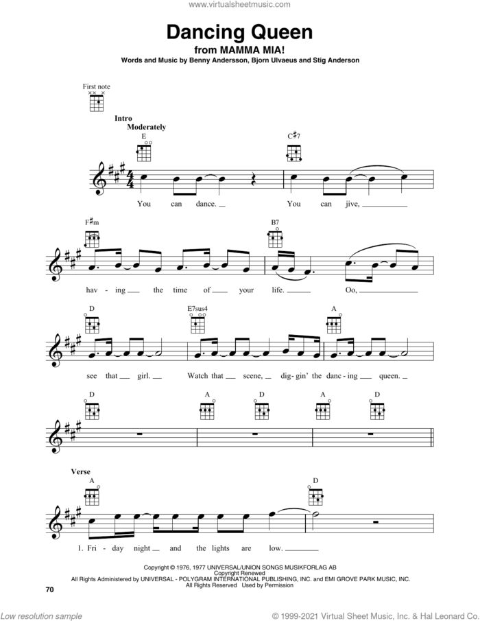 Dancing Queen sheet music for baritone ukulele solo by ABBA, Benny Andersson, Bjorn Ulvaeus and Stig Anderson, intermediate skill level