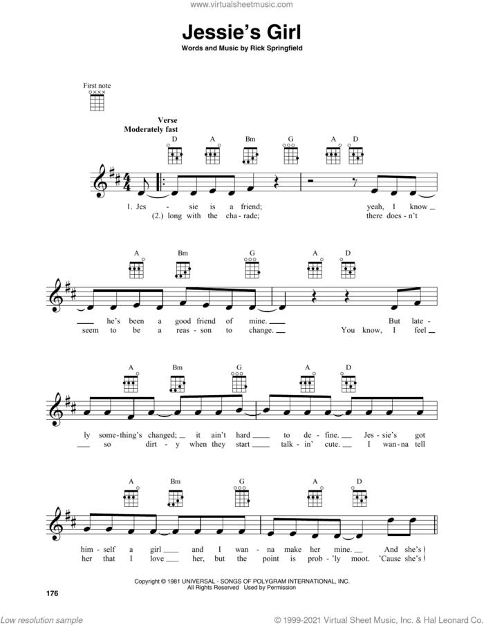 Jessie's Girl sheet music for baritone ukulele solo by Rick Springfield, intermediate skill level